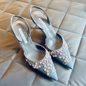 Manolo Blahnik Skyler Floral Embellished Pointed Toe Pump Shoes size 36.5
